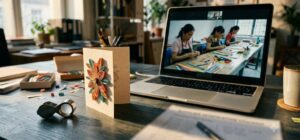 Importer reviewing a live video walkthrough of a Vietnamese quilling card workshop on a laptop, with a handmade quilled flower card and a verification checklist on the desk