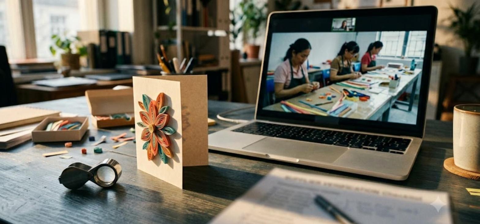 Importer reviewing a live video walkthrough of a Vietnamese quilling card workshop on a laptop, with a handmade quilled flower card and a verification checklist on the desk