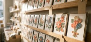 Handmade Vietnamese quilling greeting cards displayed in clear sleeves on a wooden gift-shop wall rack, illustrating retail shelf pricing of Vietnam quilling cards