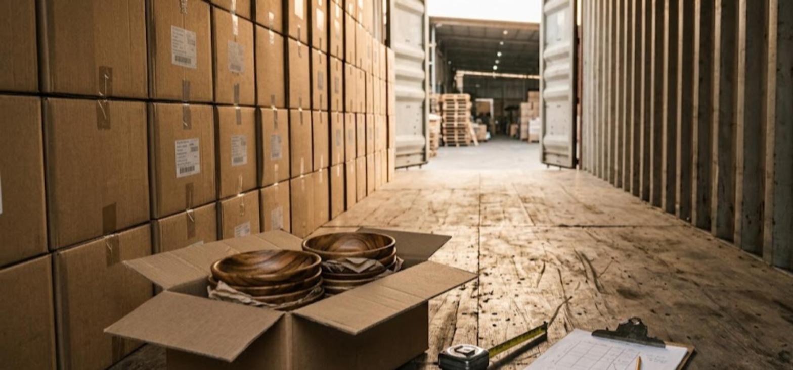 Interior of a 20 foot shipping container being loaded at a Vietnamese wooden houseware export warehouse, with master cartons stacked tight to the ceiling on one side, an open carton of nested acacia wooden bowls on the floor, a steel tape measure and a clipboard holding a container loading plan