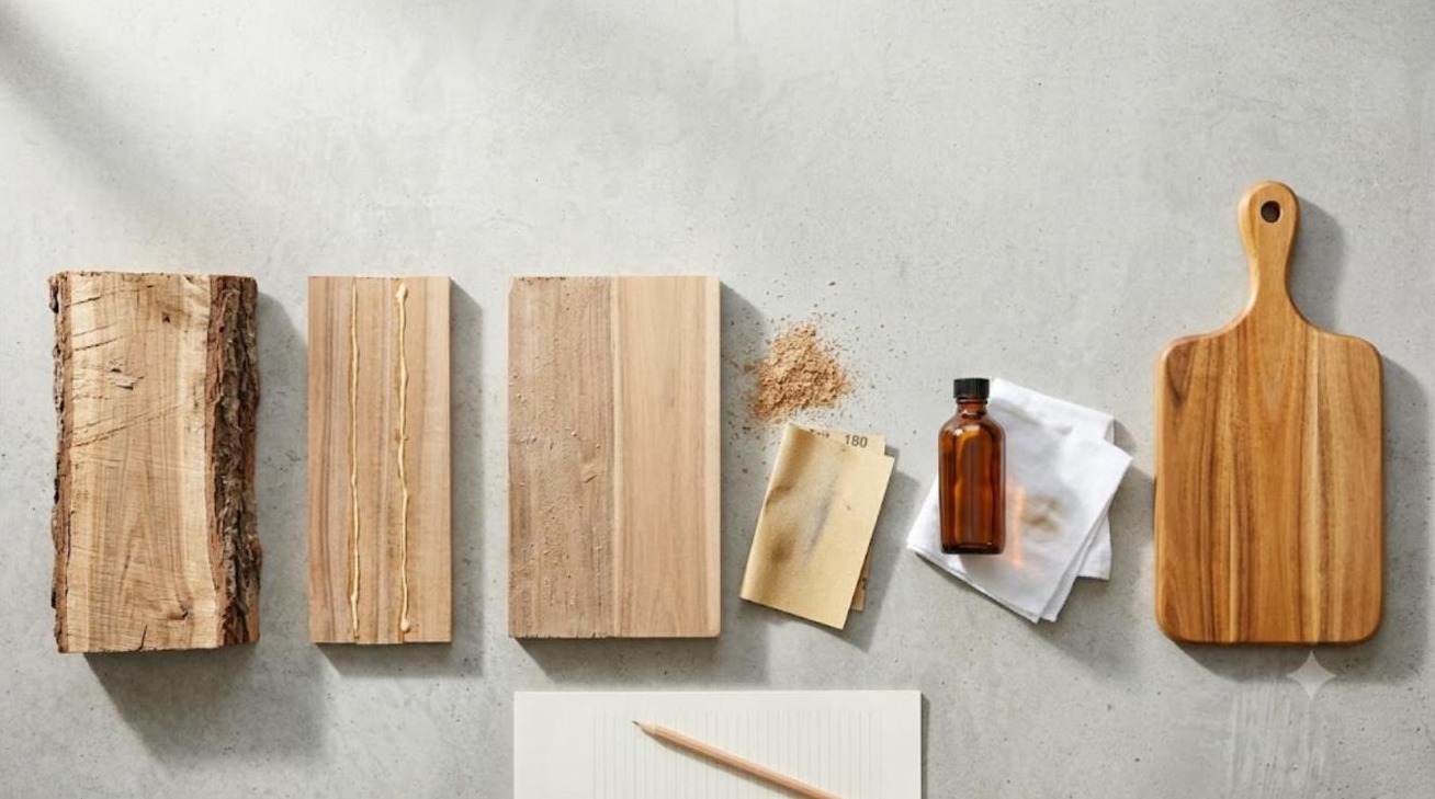 Overhead flat lay showing the production sequence behind a Vietnam acacia serving board: rough sawn timber billet, kiln dried strips in glue-up, a half sanded blank with sawdust, food grade oil and cloth, and the finished oiled board, illustrating the cost lines inside a wooden kitchenware FOB price