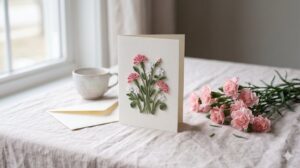 Handmade quilling greeting card with paper-coil pink carnations beside an envelope, teacup and fresh carnations on a linen table
