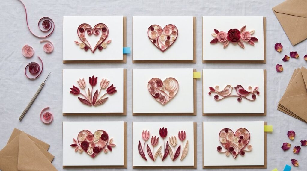 Nine handmade quilling Valentine cards with coiled paper hearts, roses, tulips and lovebirds laid out in a grid for a wholesale range review