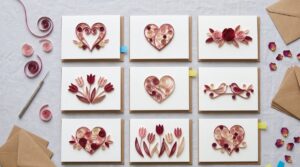 Nine handmade quilling Valentine cards with coiled paper hearts, roses, tulips and lovebirds laid out in a grid for a wholesale range review