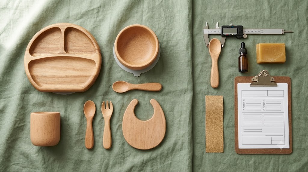 Vietnamese wooden children's tableware in a knolling layout: acacia divided toddler plate, beech bowl with silicone suction ring, rounded spoons and fork, cup and bib-shaped piece, next to a caliper, mineral oil, beeswax, sandpaper and a test report clipboard