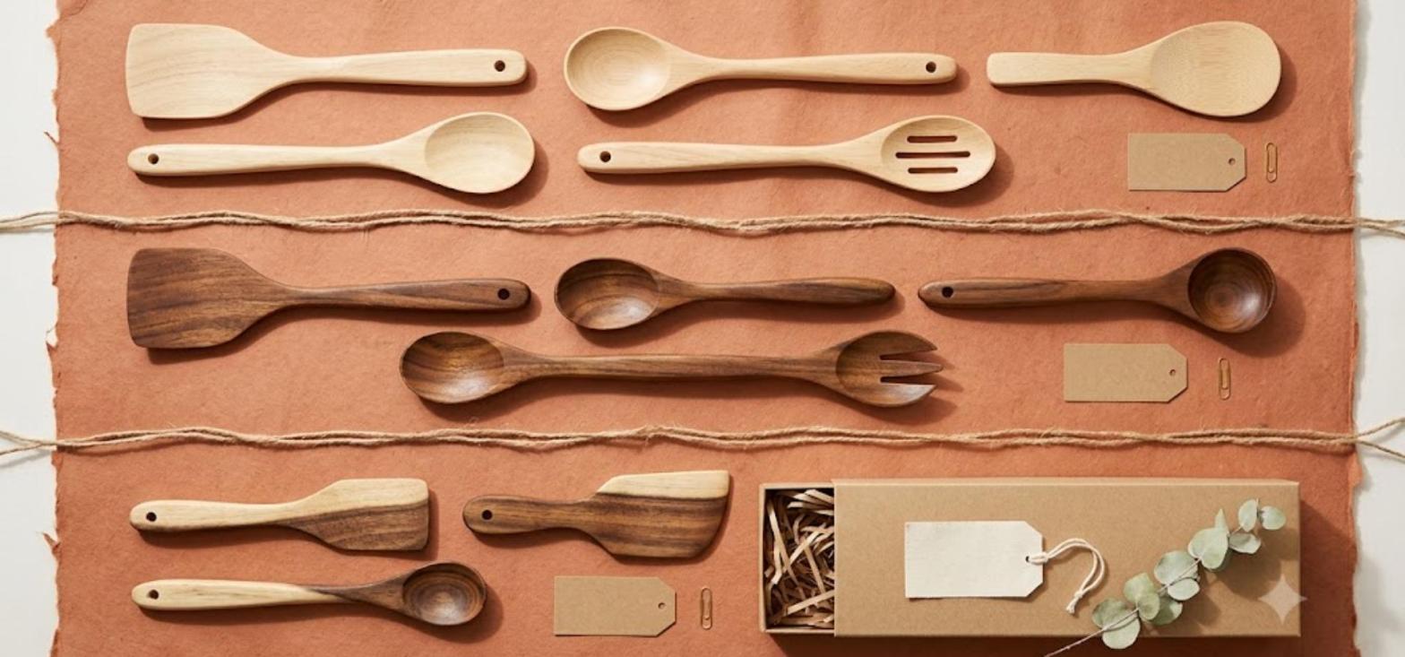 Overhead flat lay of Vietnamese wooden kitchen utensils arranged in three tiers on terracotta paper: pale rubberwood basics, richer acacia pieces and premium two tone acacia items beside a kraft gift box, illustrating a good, better, best wooden kitchenware range