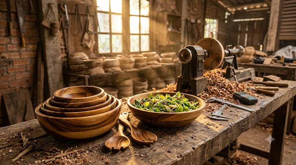 Nested acacia wood salad bowls in graduated sizes with matching salad servers and a bowl of fresh greens on a workbench in a Vietnamese woodturning workshop